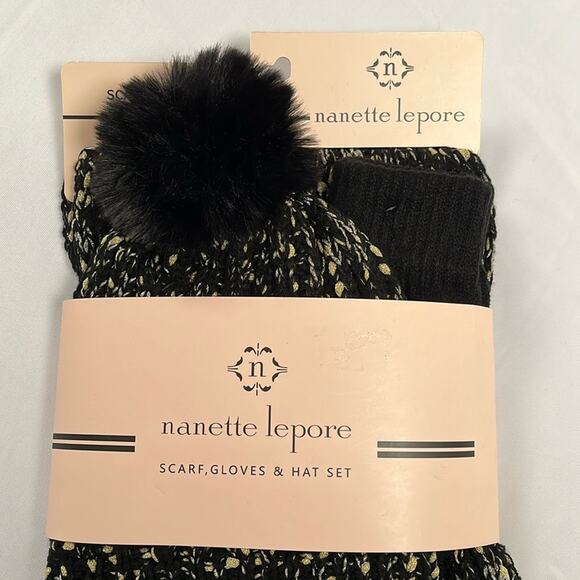 Nanette Lepore Scarf Gloves Hat Set of 3 Pieces Black Gold Silver Metallic - Picture 2 of 7